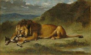 Leeuw die een geit verslindt door Ferdinand Victor Eugene Delacroix
